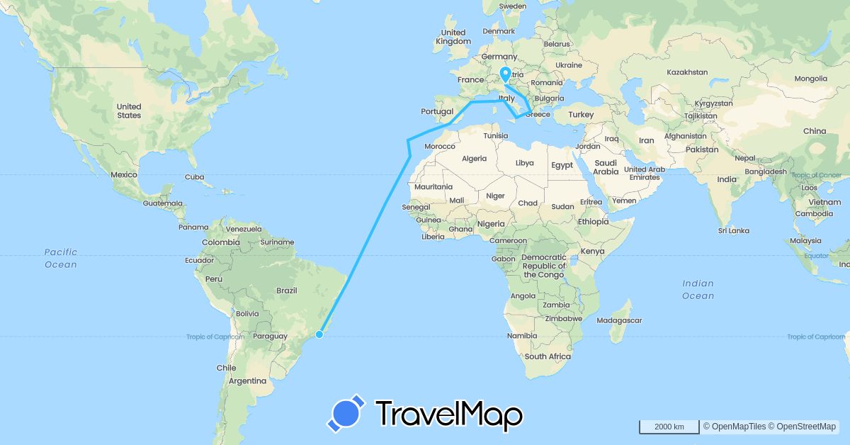 TravelMap itinerary: boat in Brazil, Spain, France, Greece, Croatia, Italy, Portugal (Europe, South America)